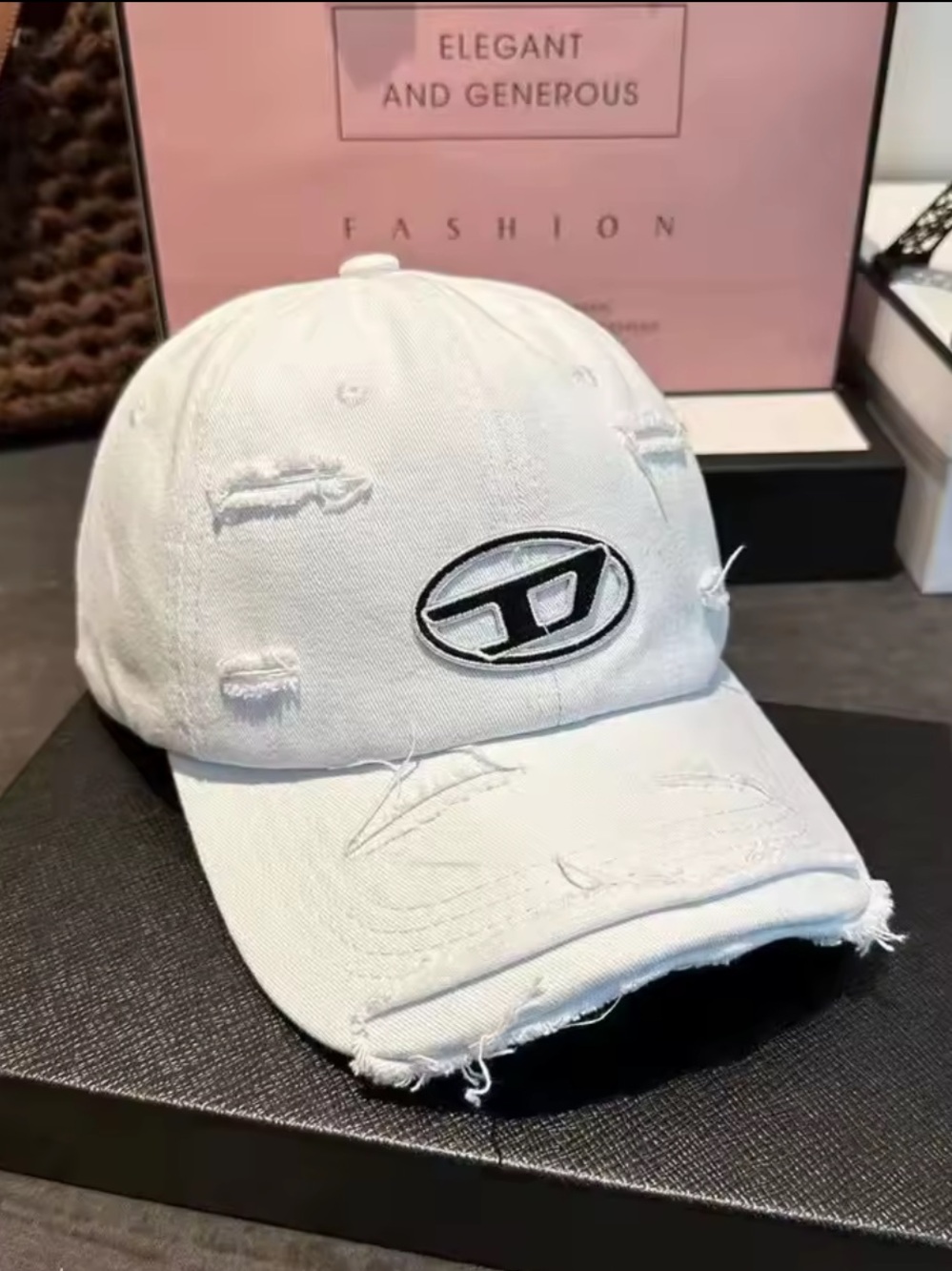 Others White Distressed Cap with Black Trim Oval Logo